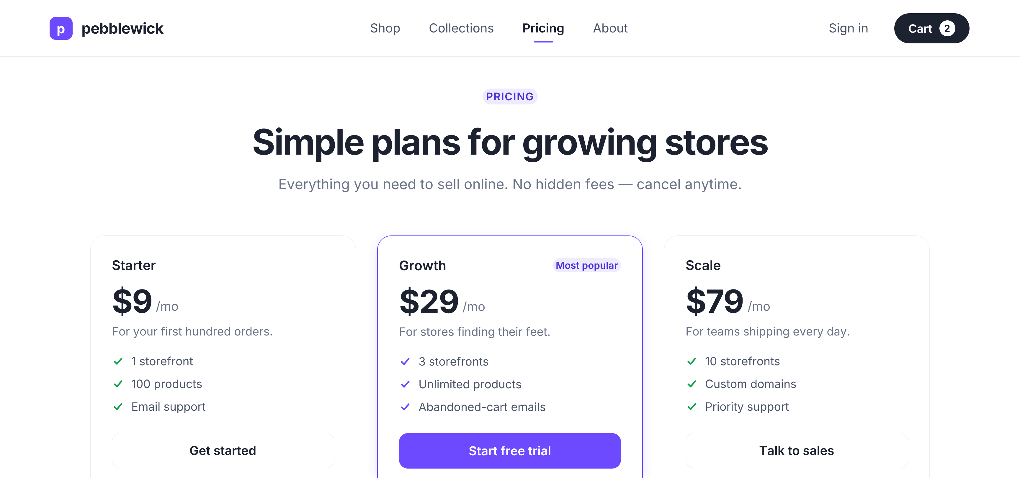 An online store's pricing page under review, with Sitemark pins on its headline, a plan badge and a plan feature